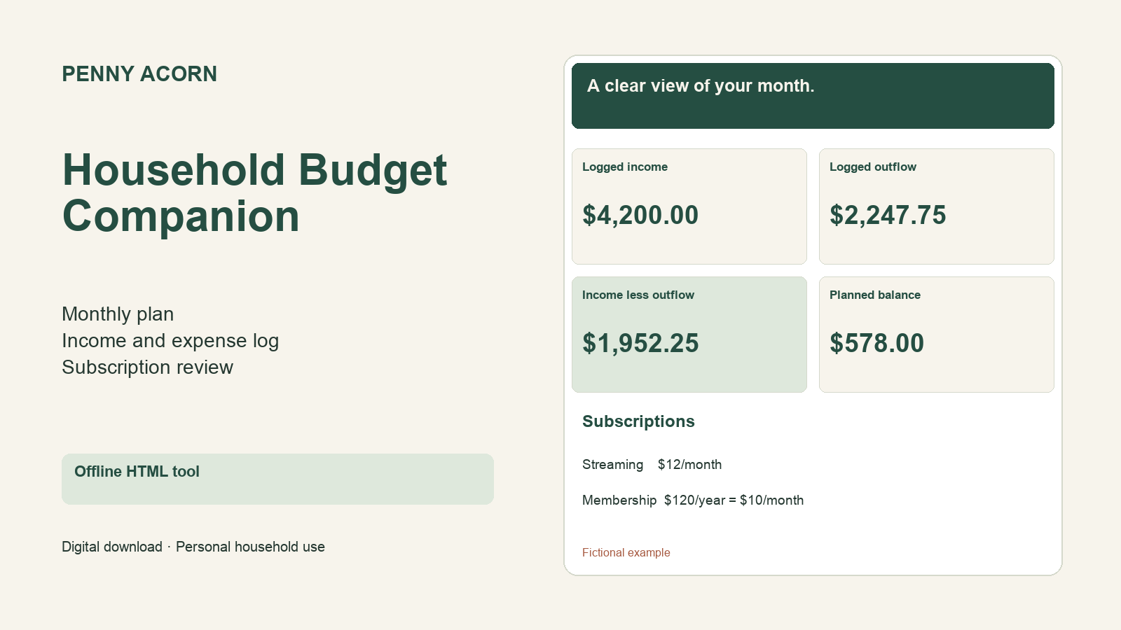 Household Budget Companion cover showing a browser tool for household planning and income/outflow records